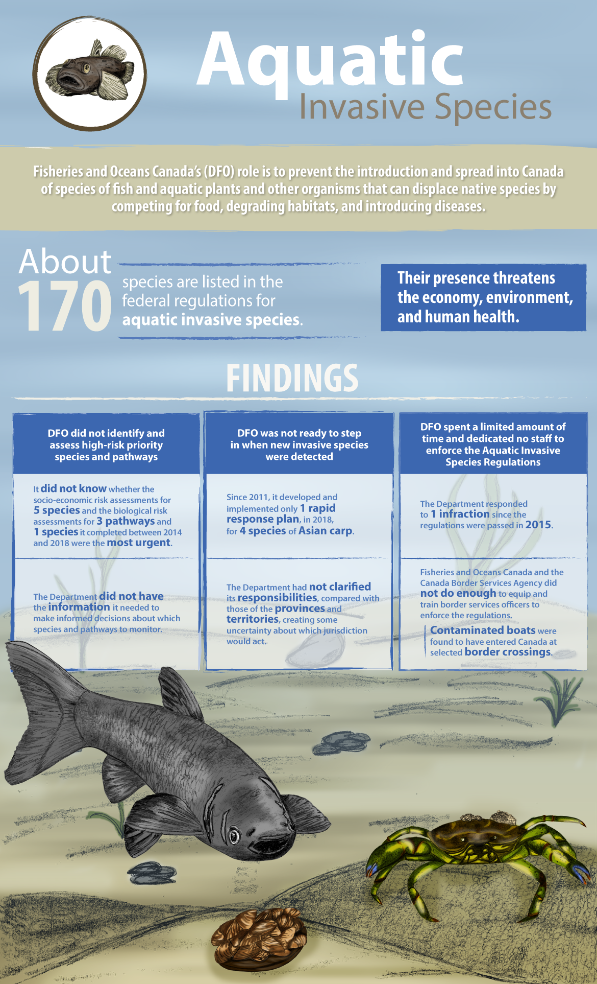 This infographic presents findings from the audit of aquatic invasive species
