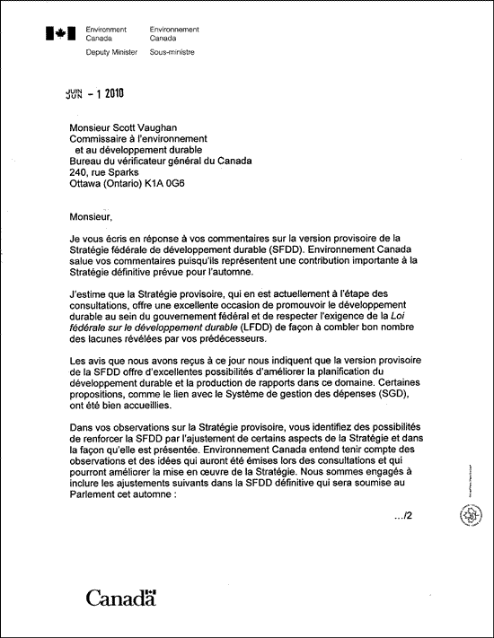 Une lettre datée du 1er juin 2010 provenant du sous-ministre d’Environnement Canada et adressée au Commissaire à l’environnement et au développement durable