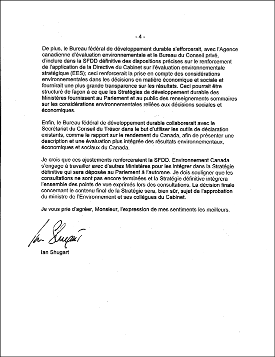 Quatrième partie d’une lettre datée du 1er juin 2010 provenant du sous-ministre d’Environnement Canada et adressée au Commissaire à l’environnement et au développement durable