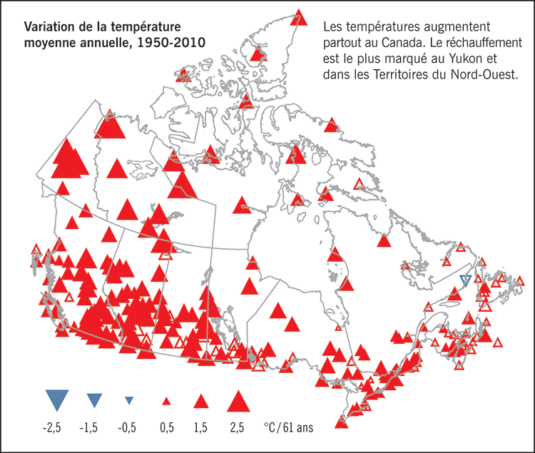 Carte du Canada montrent la variation de la température moyenne anuelle de 1950 à 2010
