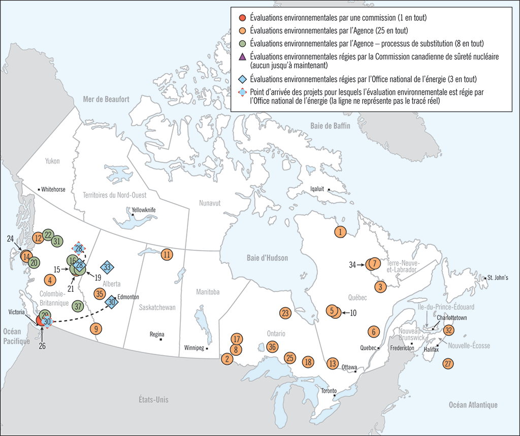 Carte illustrant l’emplacement des projets d’évaluation environnementale effectués en vertu de la Loi canadienne sur l’évaluation environnementale (2012) qui ont été entrepris le 6 juillet 2012 ou plus tard