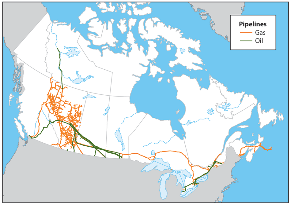 A map shows the locations of major federally regulated oil and gas pipelines in Canada as of November 2014