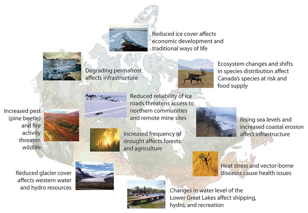 Map with photographs and brief descriptions of climate change impacts felt across Canada