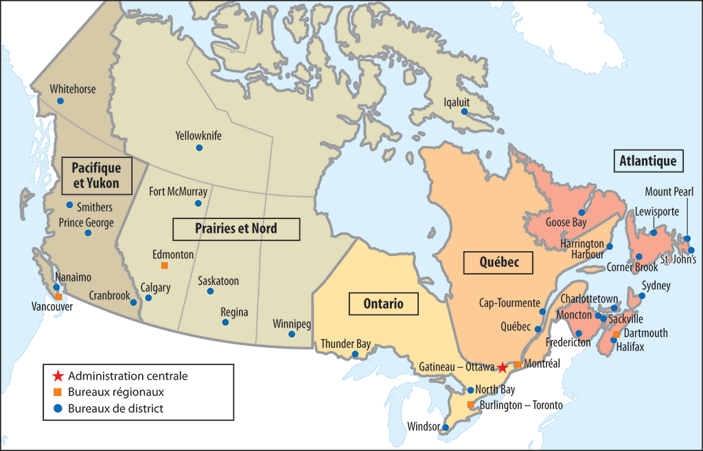 Carte illustrant la situation géographique des bureaux d’application de la loi d’Environnement et Changement climatique Canada partout au pays