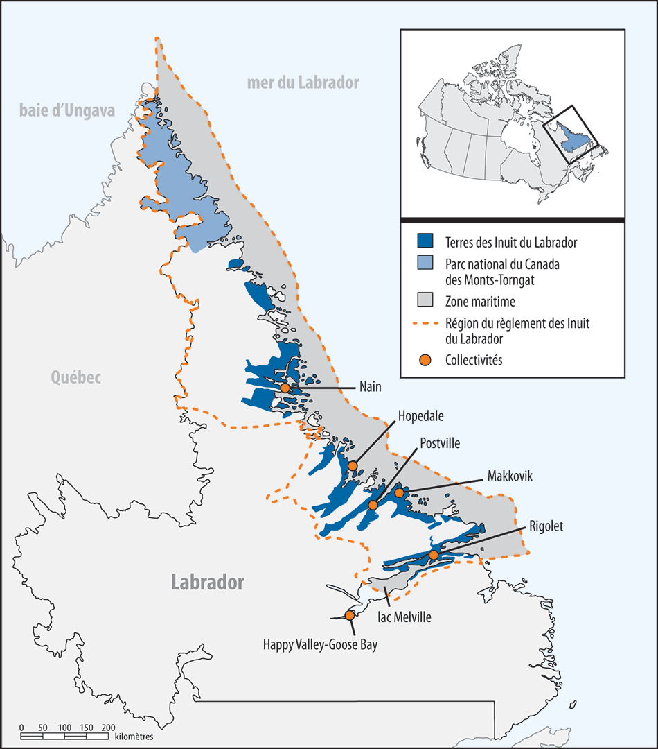 Carte géographique montrant l’emplacement de la région du règlement des Inuit du Labrador