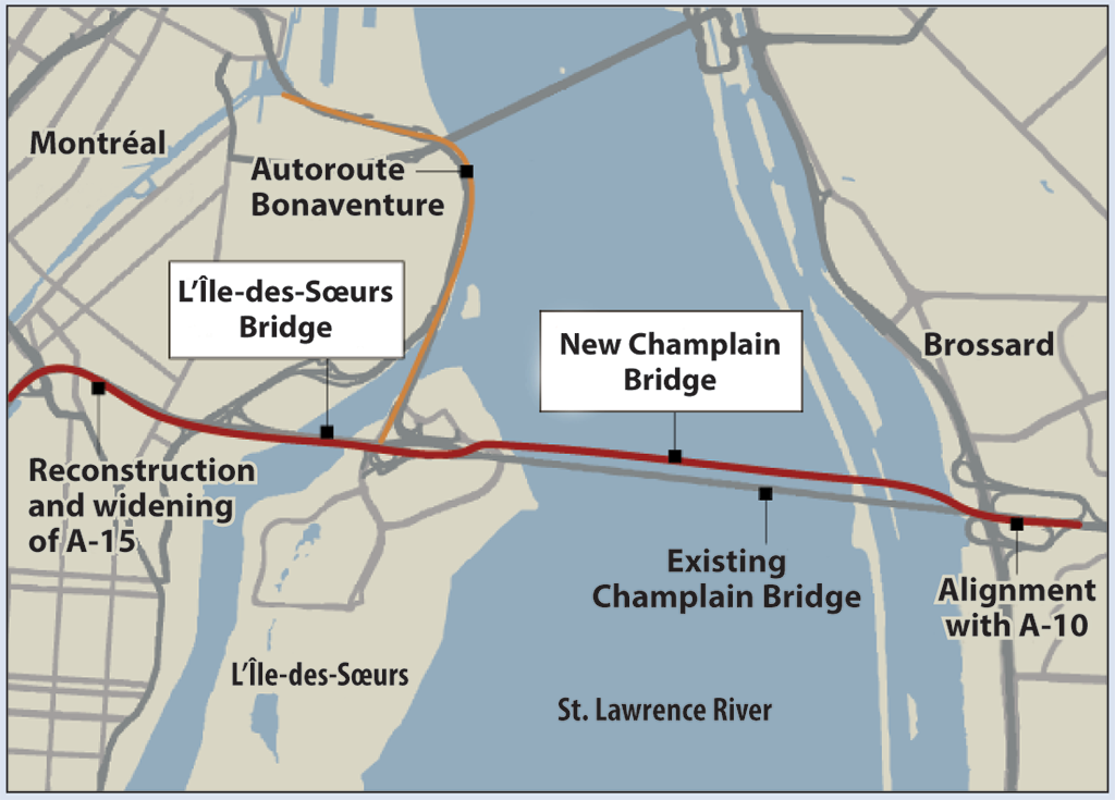 A map showing the locations of the existing Champlain Bridge, the new Champlain Bridge, and the L’Île-des-Soeurs Bridge