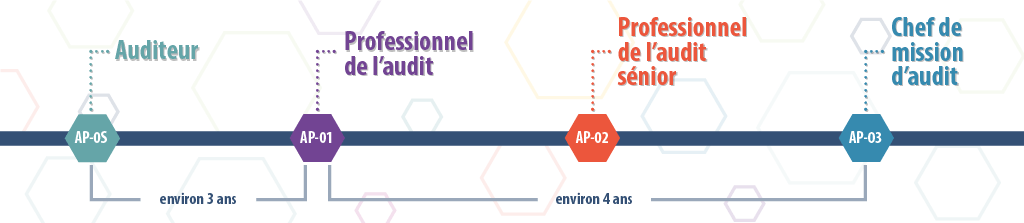 Organigramme montrant le nombre d’années qu’il faudra pour passer d’un stagiaire en audit à un professionnel de l’audit (environ 3 ans) et à un chef de mission d’audit (environ 4 ans) Organigramme montrant le nombre d’années qu’il faudra pour passer d’un stagiaire en audit à un professionnel de l’audit (environ 3 ans) et à un chef de mission d’audit (environ 4 ans)