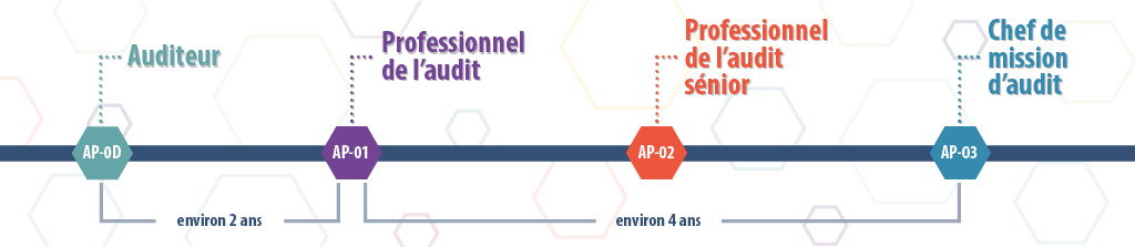 Organigramme montrant le nombre d’années qu’il faudra pour passer d’un stagiaire en audit à un professionnel de l’audit (environ 3 ans) et à un chef de mission d’audit (environ 4 ans) Organigramme montrant le nombre d’années qu’il faudra pour passer d’un stagiaire en audit à un professionnel de l’audit (environ 3 ans) et à un chef de mission d’audit (environ 4 ans)