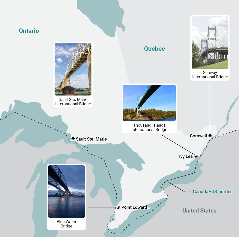 Map of southern Ontario showing the locations of the 4 international bridges in the corporation’s portfolio