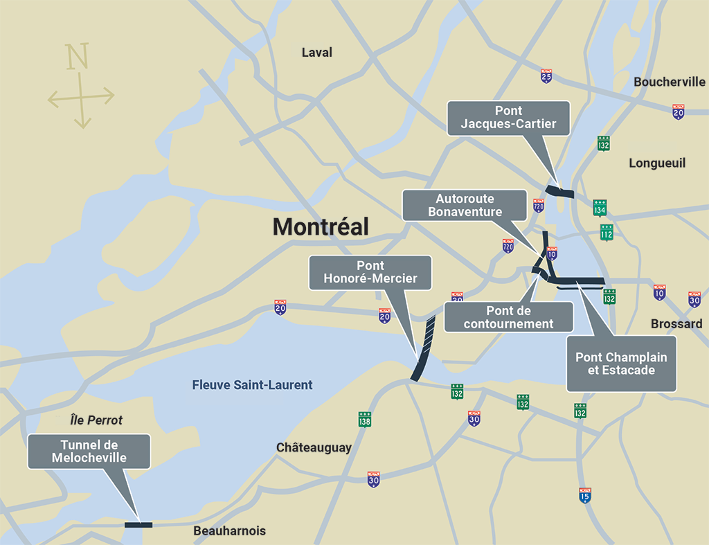 Carte montrant l’emplacement des infrastructures sous la responsabilité de la Société dans la grande région de Montréal