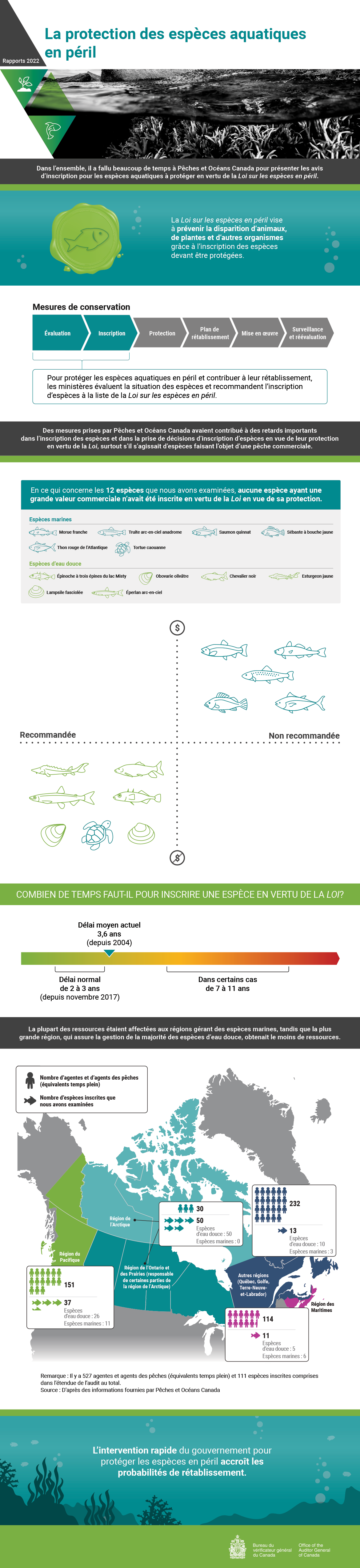 Infographie présentant les constatations du rapport d’audit de 2022 sur la protection des espèces aquatiques en péril