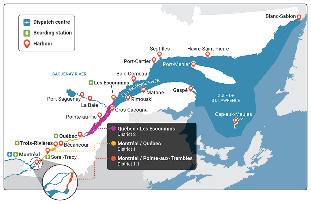 Map showing the 3 districts of the Laurentian Pilotage Authority, its dispatch centre, and the boarding stations and harbours