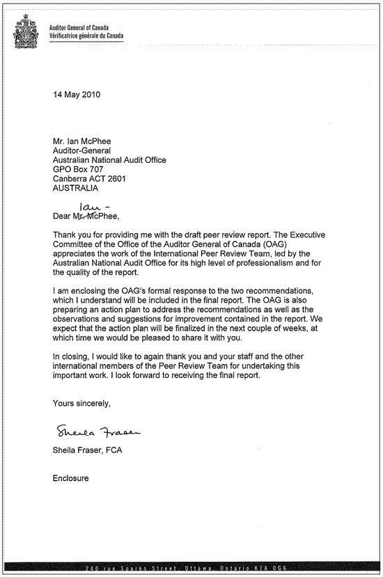 Letter to Ian McPhee, Auditor General of the Australian National Audit Office, dated 14 May 2010