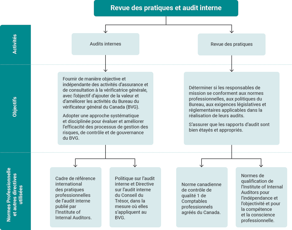Diagramme montrant l’étendue et l’objectif des activités de l’équipe de la Revue des pratiques et de l’audit interne