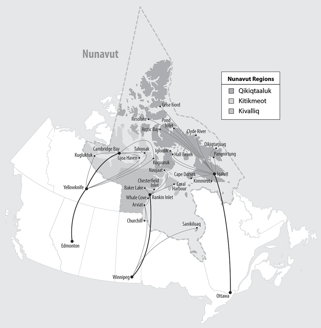 Map of Canada showing the air links between Nunavut communities and where their residents may be flown for health care services.