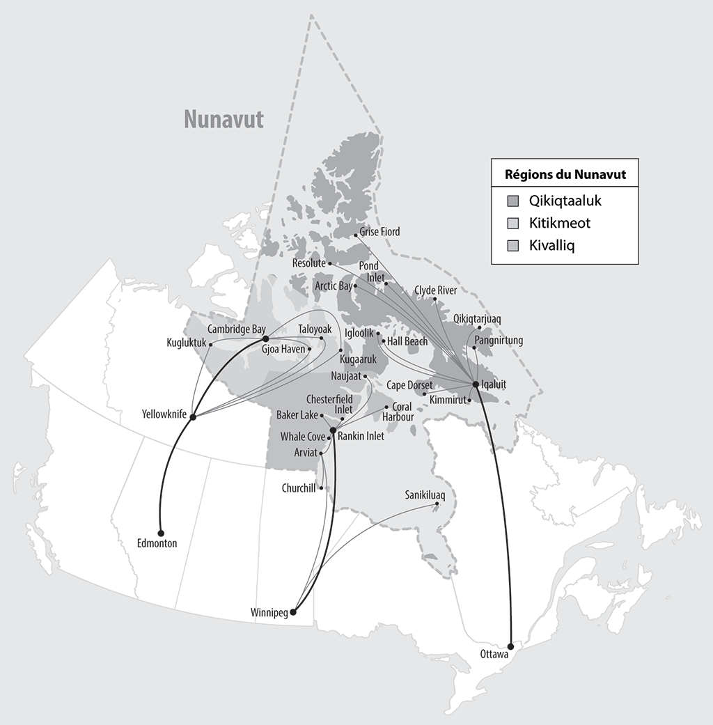 Carte du Canada montrant les liaisons aériennes entre les collectivités du Nunavut et les endroits où peuvent être transportés les Nunavummiuts ayant besoin de soins. Carte du Canada montrant les liaisons aériennes entre les collectivités du Nunavut et les endroits où peuvent être transportés les Nunavummiuts ayant besoin de soins.
