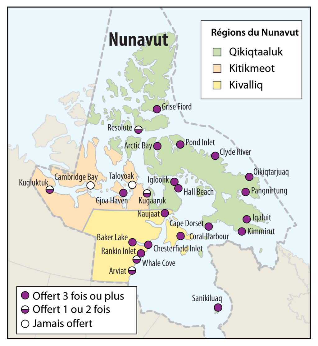 Carte montrant combien de fois le programme d’éducation de base des adultes — Compétences essentielles a été offert dans 25 collectivités du Nunavut au cours de cinq années scolaires
