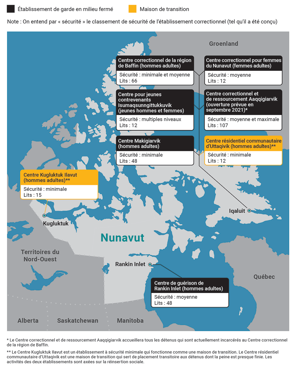 Carte représentant les établissements correctionnels du Nunavut