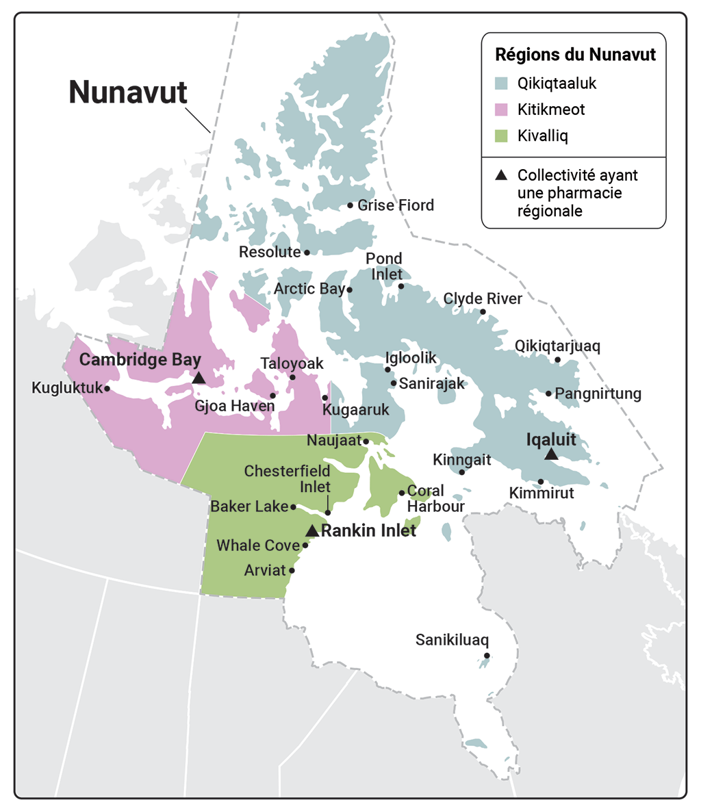Carte illustrant les 3 régions et les 25 collectivités du Nunavut
