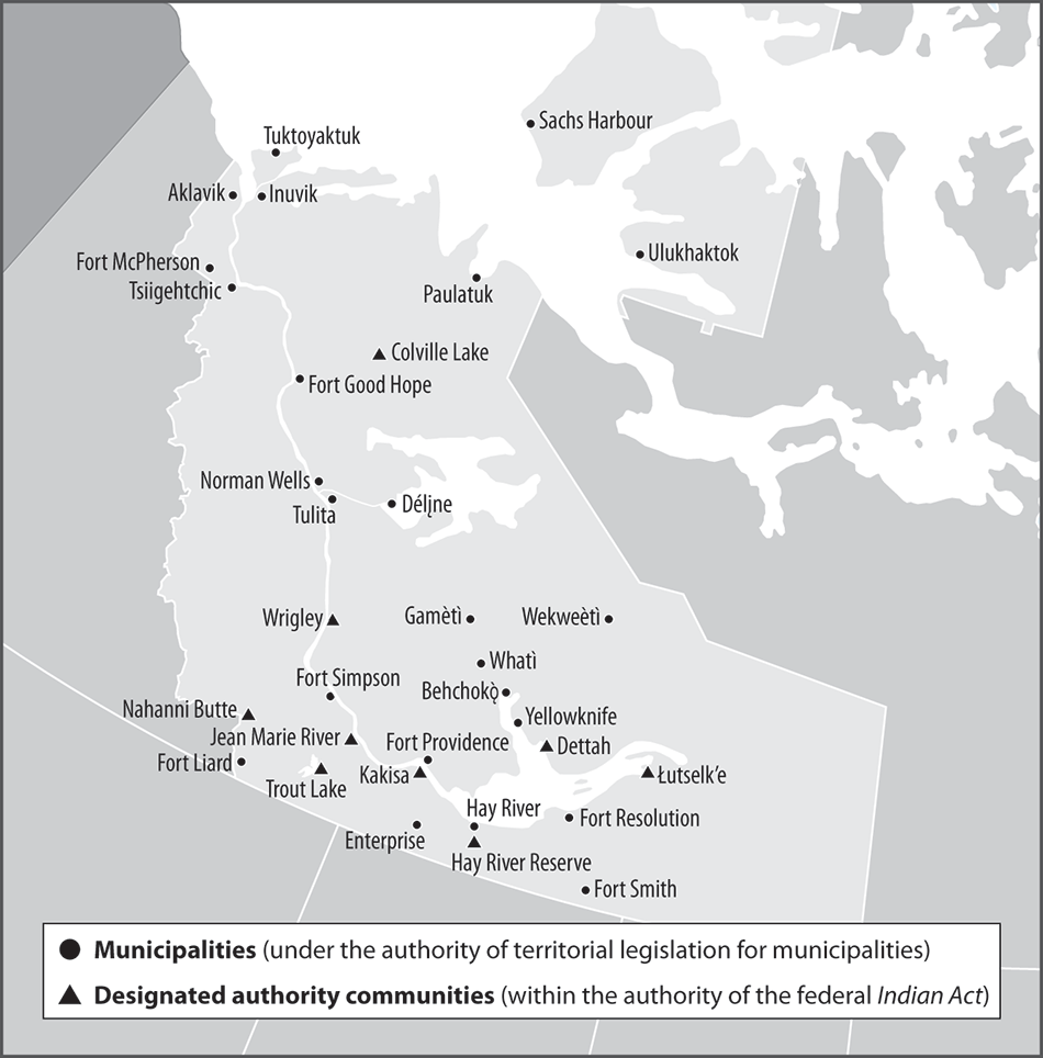 Map identifying the legal status of Northwest Territories’ communities