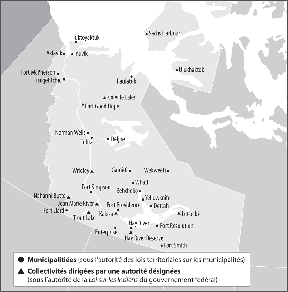 Carte géographique localisant les collectivités des Territoires du Nord-Ouest et indiquant leur statut juridique Carte géographique localisant les collectivités des Territoires du Nord-Ouest et indiquant leur statut juridique