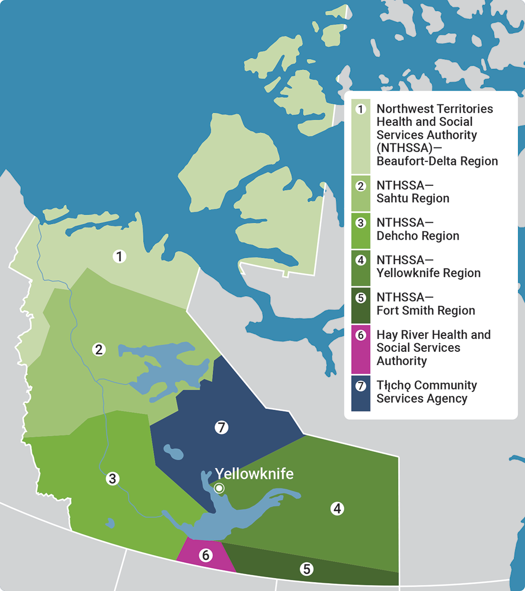 Map of the areas in the Northwest Territories served by the 3 health and social services authorities