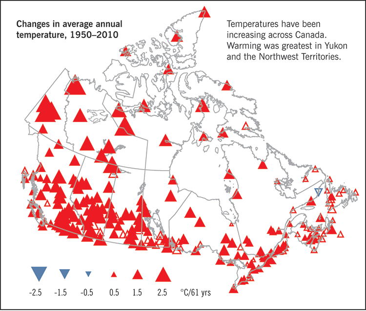 Map of Canada showing changes in average annual temperature from 1950 to 2010