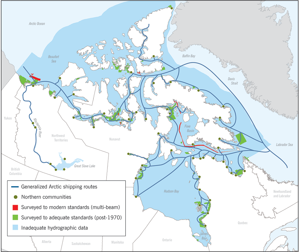 Map of Canada showing how many of the shipping routes in the Arctic have inadequate surveys and charts