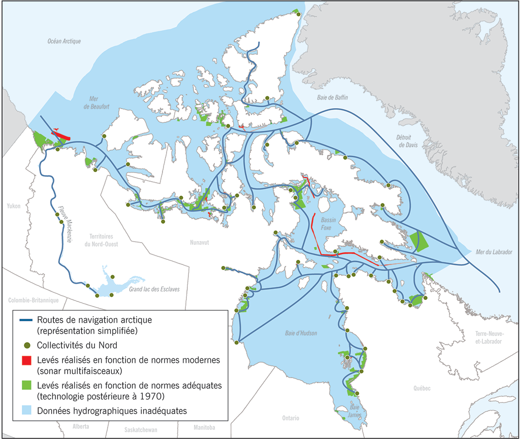 Carte du Canada illustrant les routes de navigation dans l’Arctique pour lesquelles les données hydrographiques sont inadéquates