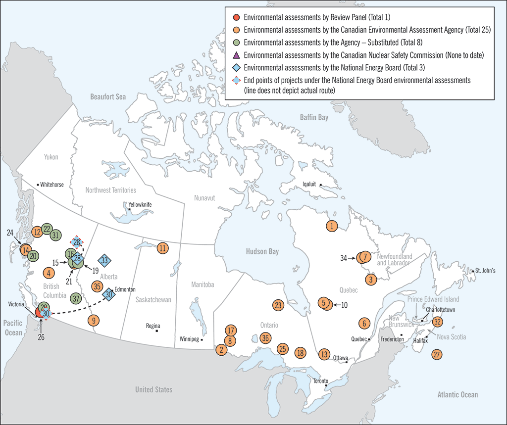Map showing the location of all the environmental assessments that we started on or after 6 July 2012 under the Canadian Environmental Assessment Act, 2012