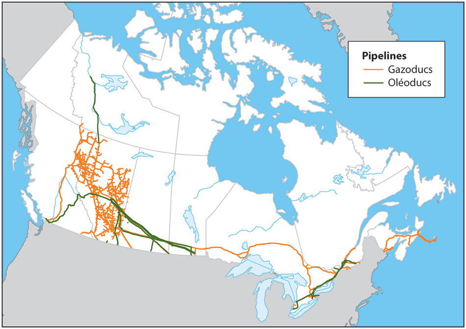 Carte géographique de l’emplacement des principaux oléoducs et gazoducs de compétence fédérale au Canada en novembre 2014