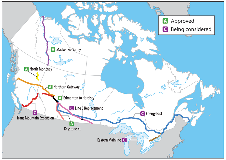 A map shows the major pipelines in Canada approved since 2010 or being considered by the National Energy Board