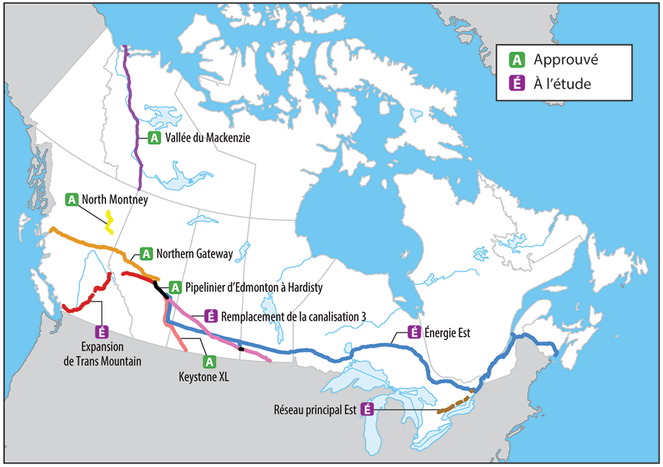 Carte géographique des grands projets de pipeline approuvés depuis 2010 ou à l’étude par l’Office national de l’énergie
