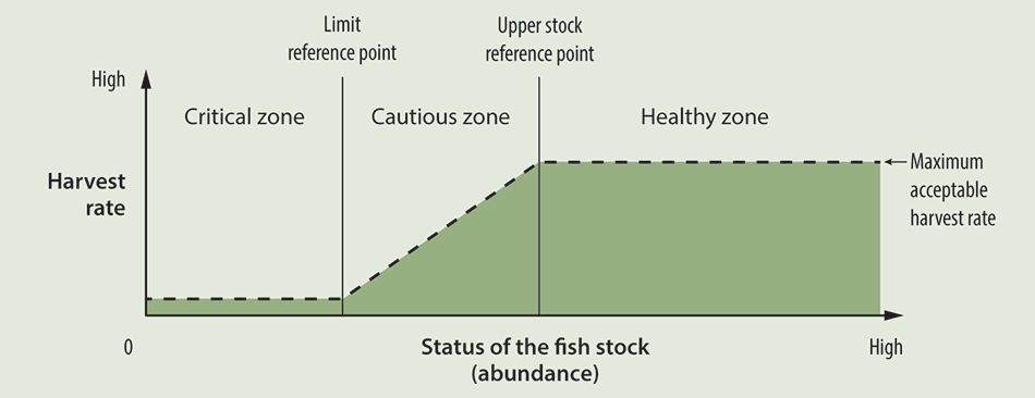 Graphic showing the approach to determining the abundance levels at which fish stocks would be considered to be in the healthy, cautious, or critical zone.