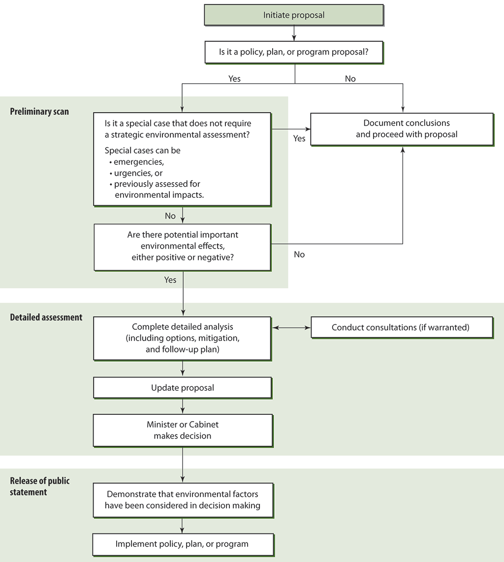 Flow chart showing the steps for federal departments and agencies to follow to assess environmental effects of policy, plan, or program proposals. Flow chart showing the steps for federal departments and agencies to follow to assess environmental effects of policy, plan, or program proposals.