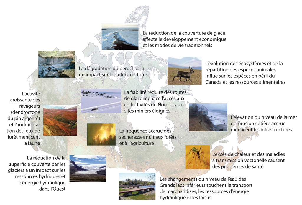 Carte comprenant des photographies et de courtes descriptions des impacts des changements climatiques ressentis partout au Canada Carte comprenant des photographies et de courtes descriptions des impacts des changements climatiques ressentis partout au Canada