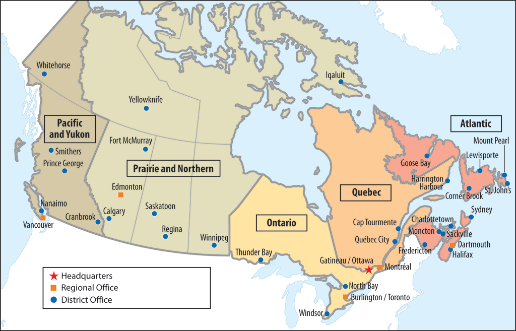 Map showing the locations of Environment and Climate Change Canada’s enforcement offices across Canada Map showing the locations of Environment and Climate Change Canada’s enforcement offices across Canada