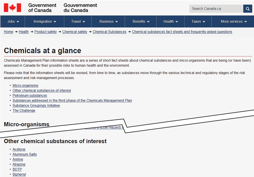 Photo of two sections of the Government of Canada’s “Chemicals at a glance” website Photo of two sections of the Government of Canada’s “Chemicals at a glance” website