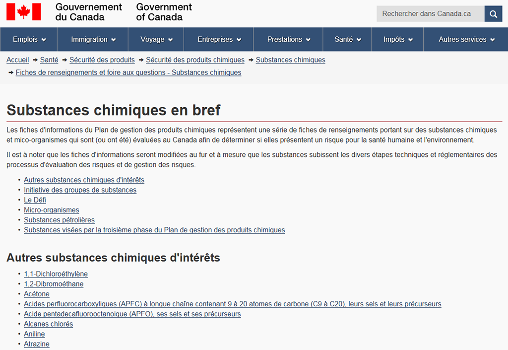 Photo d’une section de la page Web Substances chimiques en bref du gouvernement du Canada