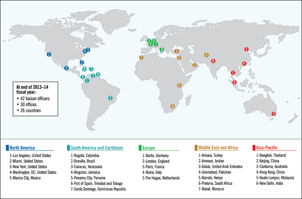 Map showing where RCMP liaison offices are located worldwide