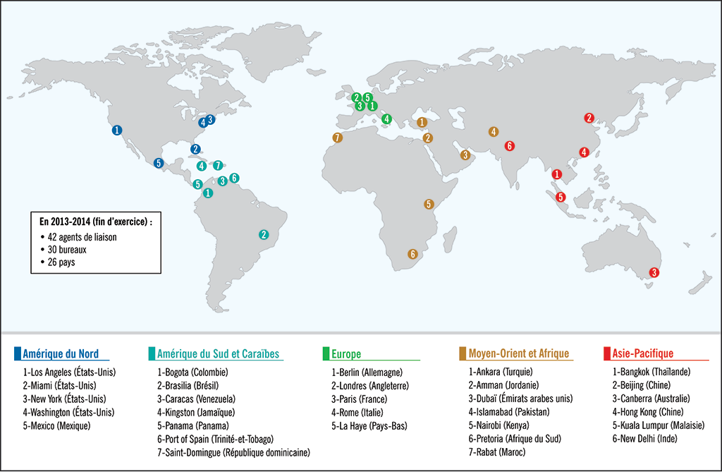 Carte montrant où sont situés les bureaux de liaison de la GRC dans le monde