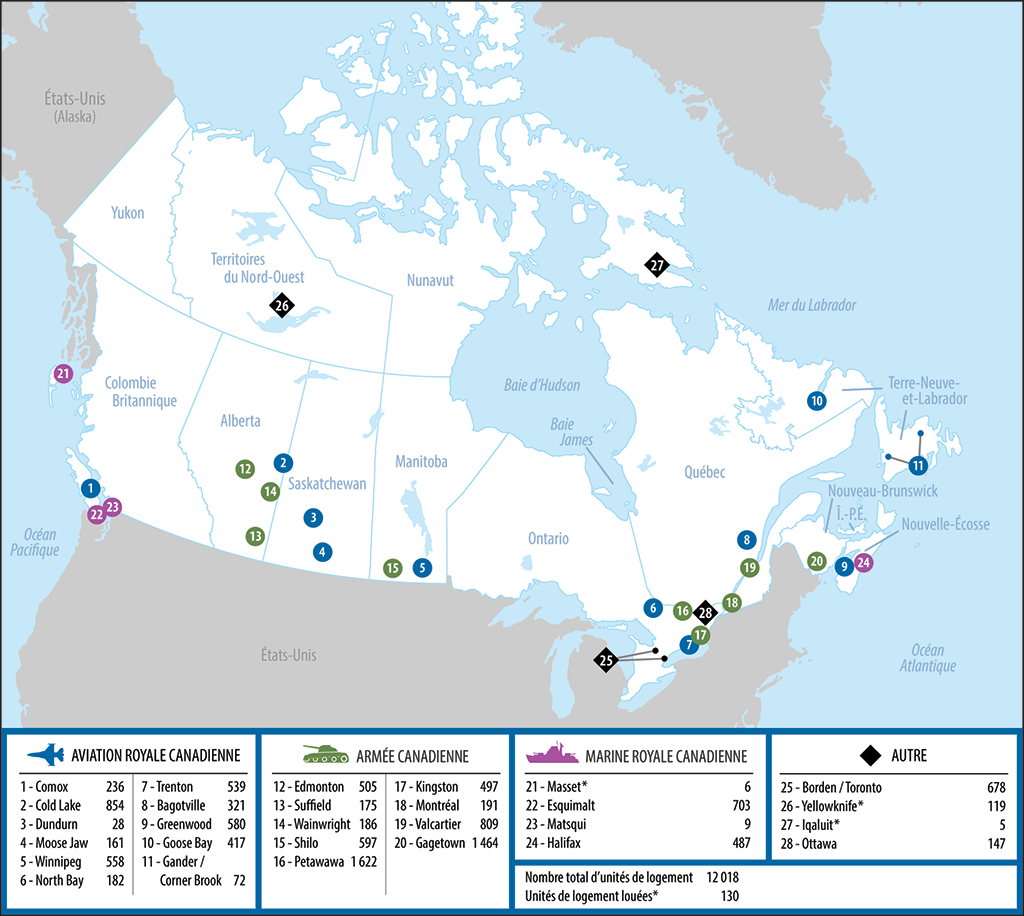 Cette carte montre la répartition des 28 emplacements d’unités de logement militaires au Canada et le nombre d’unités à chaque emplacement