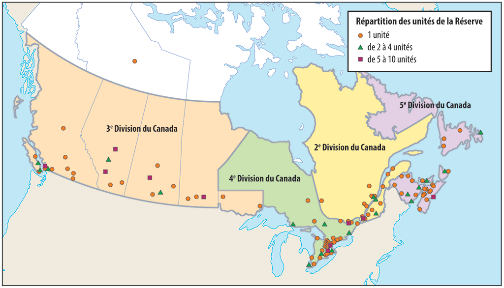 Carte qui montre la répartition des divisions et des unités de la Réserve de l’Armée au Canada