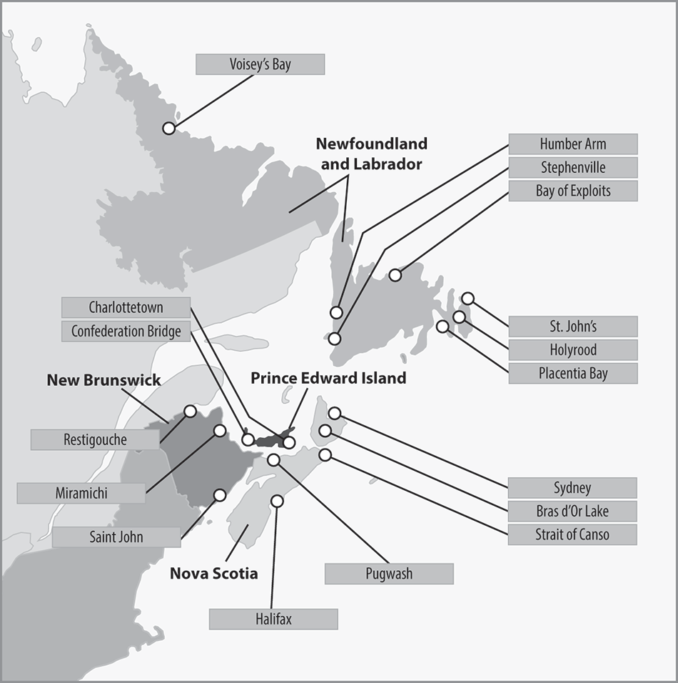 Map showing locations of 17 compulsory pilotage areas in Atlantic Canada