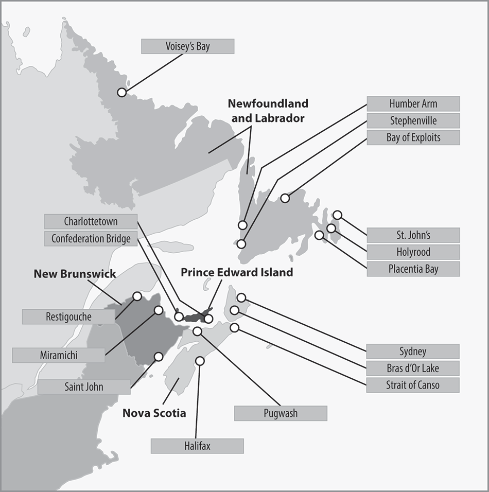 Map showing locations of 17 compulsory pilotage areas in Atlantic Canada Map showing locations of 17 compulsory pilotage areas in Atlantic Canada