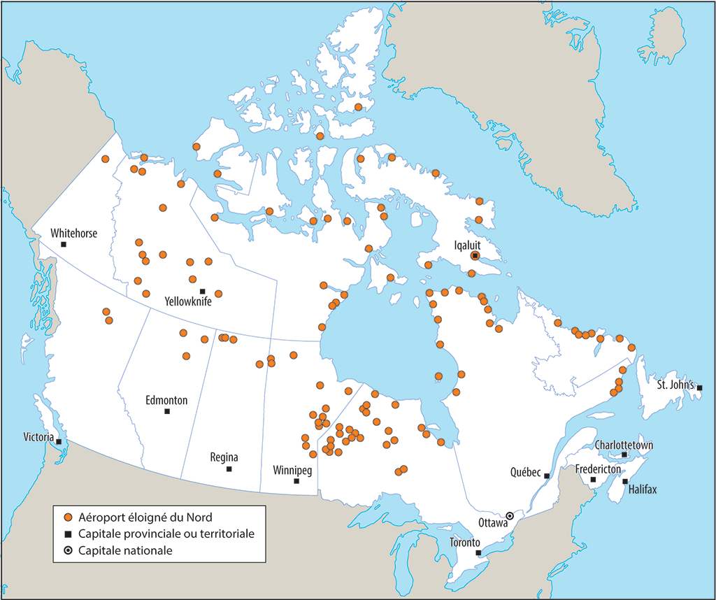 Carte géographique du Canada qui montre l’emplacement approximatif des 117 aéroports éloignés du Nord examinés dans le cadre du présent audit Carte géographique du Canada qui montre l’emplacement approximatif des 117 aéroports éloignés du Nord examinés dans le cadre du présent audit