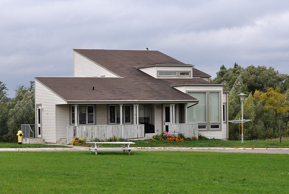 This photograph shows a unit for offenders classified at a medium- or minimum-security level located at a correctional institution.