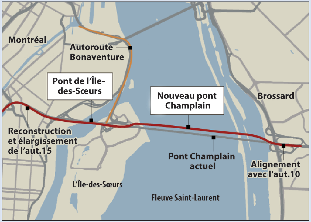 Une carte montrant l’emplacement du pont Champlain actuel, du nouveau pont Champlain et du pont de l’Île-des-Sœurs Une carte montrant l’emplacement du pont Champlain actuel, du nouveau pont Champlain et du pont de l’Île-des-Sœurs
