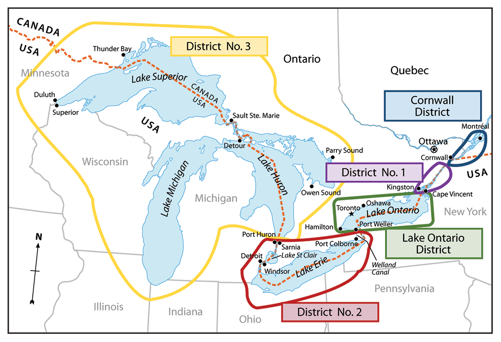 Map showing the locations of the Corporation’s five compulsory pilotage areas or districts in the Great Lakes region