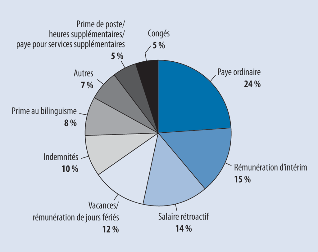 Graphique à secteurs indiquant les éléments de la paye des employés pour lesquels des erreurs ont été décelées Graphique à secteurs indiquant les éléments de la paye des employés pour lesquels des erreurs ont été décelées